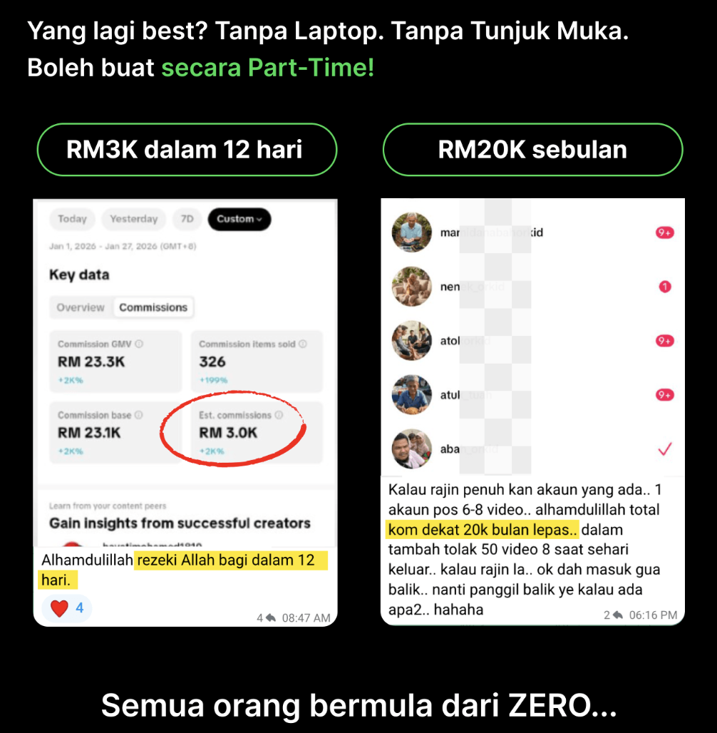 Bukti hasil student daripada strategi Affiliate TikTok